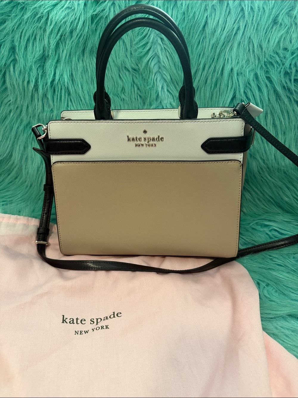 Like New Kate Spade Beige, White & Black Colorblock Leather Satchel & Dust Bag